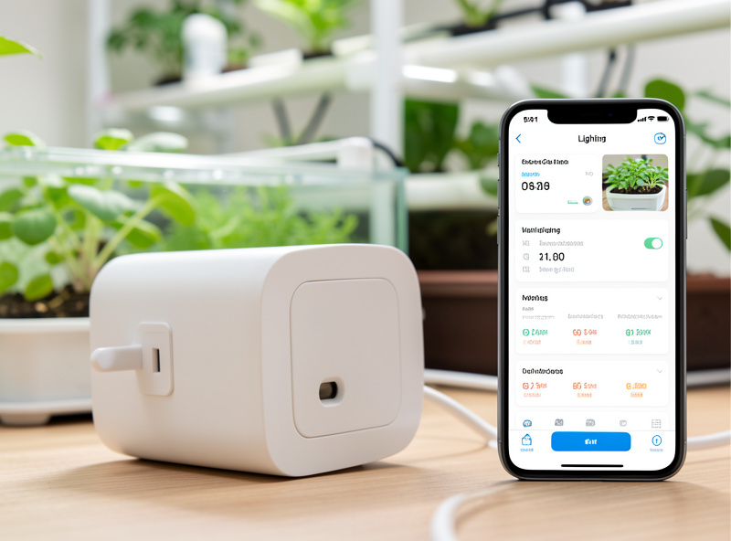 A smart Wi-Fi plug controlling a grow light, with a phone showing the schedule, beside a hydroponic system