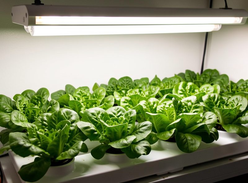 A row of hydroponic lettuce thriving under an LED grow light on a consistent automated schedule, healthy even growth