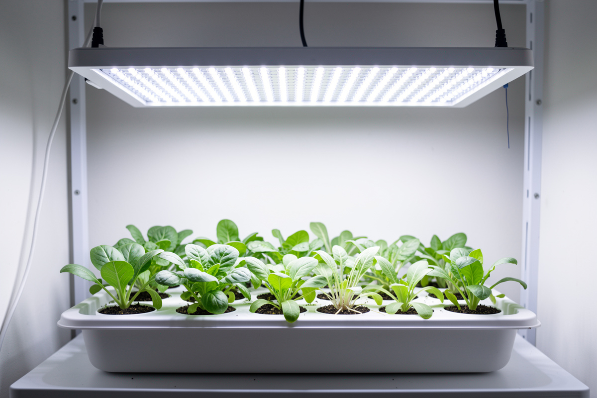 Full-spectrum white and red-blue grow lights over matched hydroponic crops