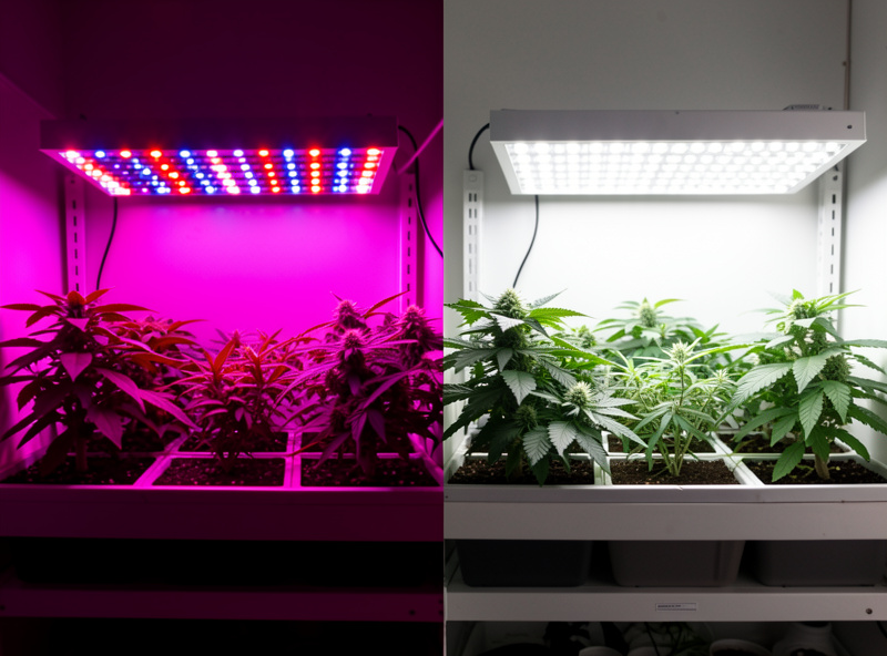 A magenta-tinted blurple red-blue LED grow panel beside a white full-spectrum LED panel over hydroponic plants