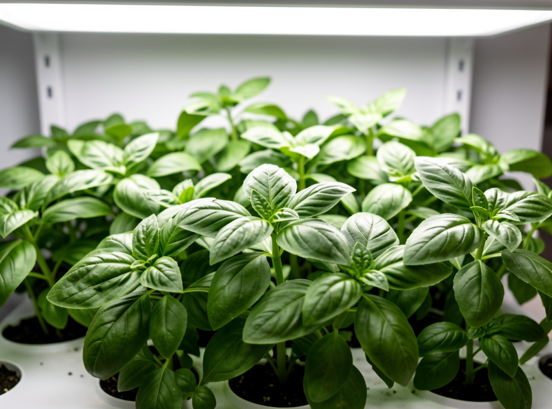 Close-up of hydroponic basil growing compact and deep green under a white full-spectrum LED light