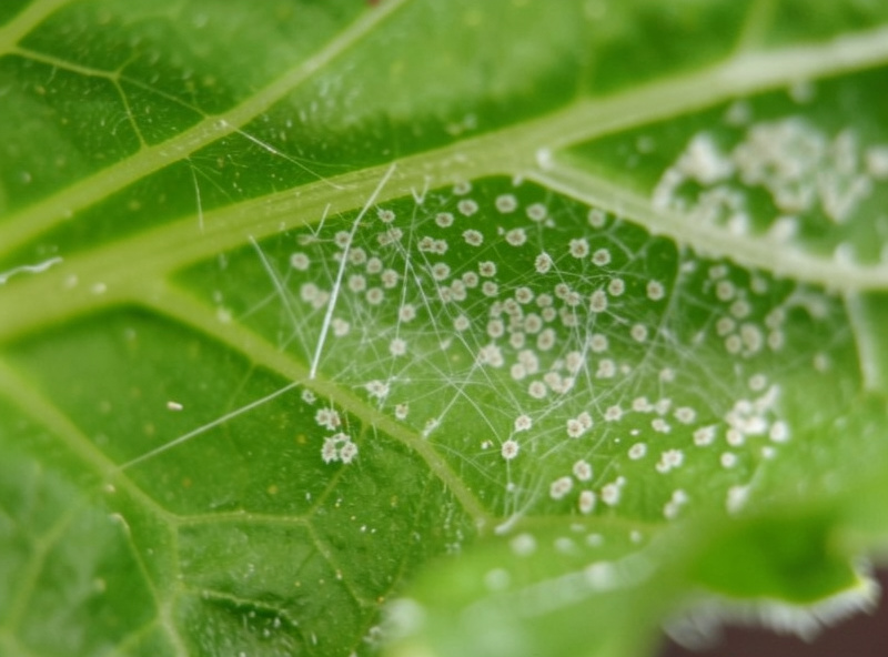 Fine spider mite webbing and pale stippling on the underside of a hydroponic plant leaf seen up close