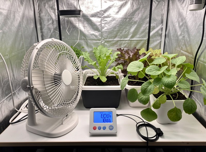 Oscillating fan and humidity gauge in a hydroponic grow tent set up to discourage spider mites