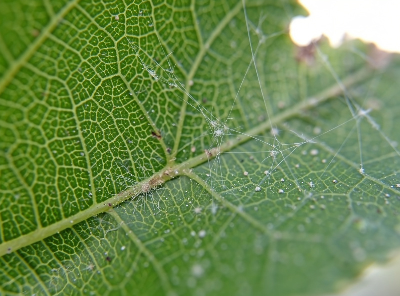 Fine stippling damage and faint webbing from spider mites on the underside of a hydroponic leaf