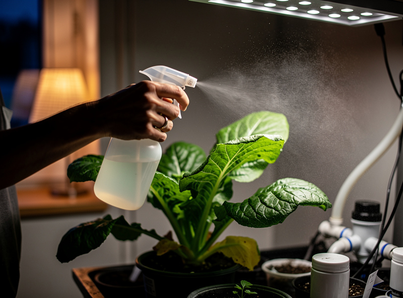 Grower spraying the undersides of hydroponic plant leaves with neem solution to treat spider mites
