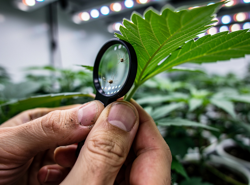 Grower inspecting hydroponic leaf undersides with a magnifying loupe to scout for spider mites early
