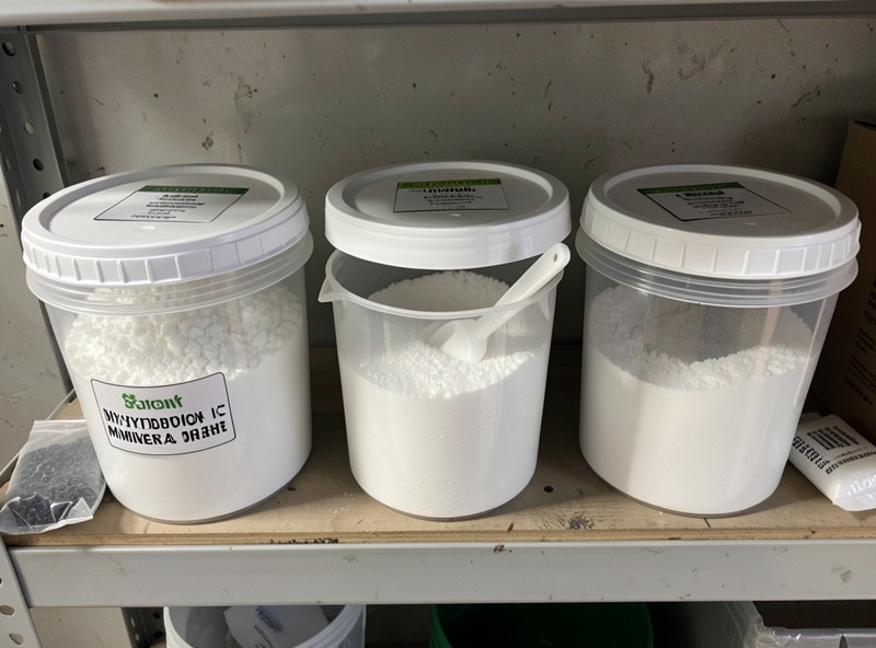 Three labeled airtight gasket-lid buckets of dry hydroponic salts on a shelf with a 3D-printed scoop and a silica gel desiccant pack