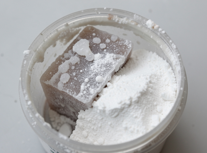 Caked calcium nitrate clumped into a hard moist brick beside loose free-flowing dry white salt powder