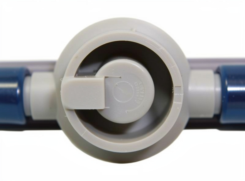 Plastic check valve cut open showing the internal one-way flap with airline tubing on both sides