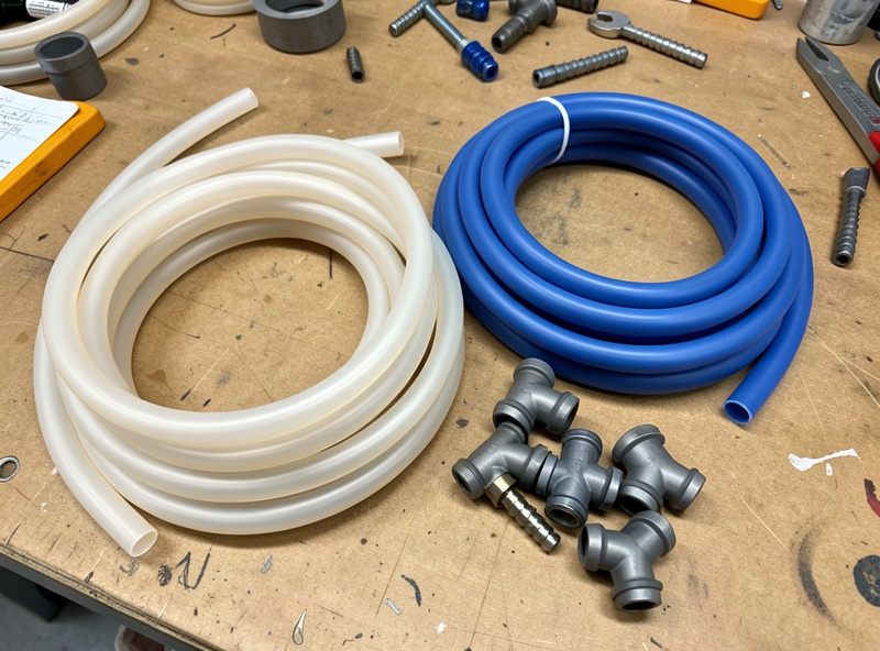Coils of airline tubing in different bore sizes in silicone and vinyl beside barbed connectors and tee fittings on a workbench