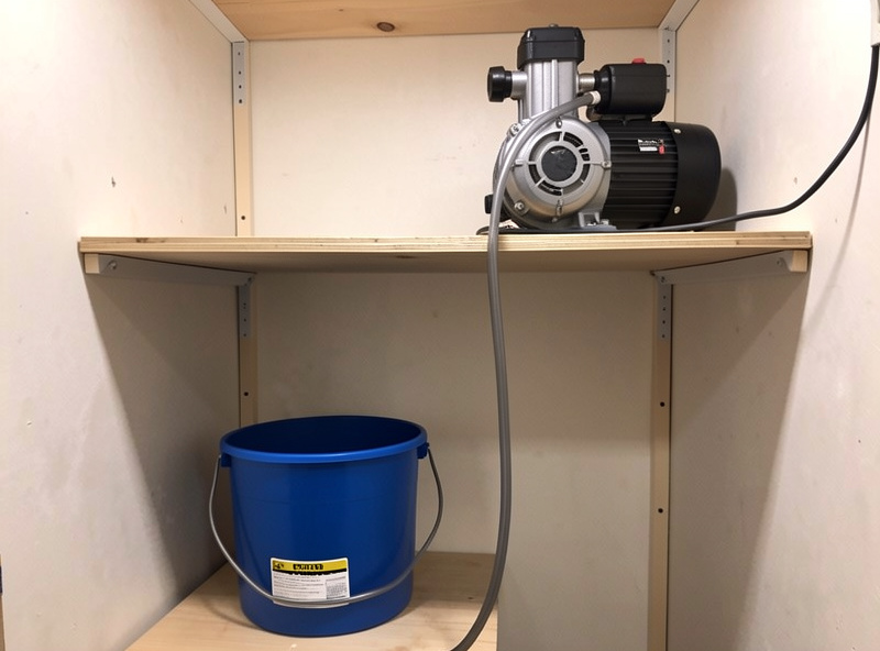 A DWC bucket beside an air pump mounted on a higher shelf with tubing running down showing the height difference that causes backflow