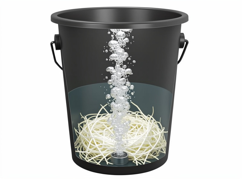Cutaway of a five gallon DWC bucket with an air stone sending a dense column of bubbles up through a mass of white roots