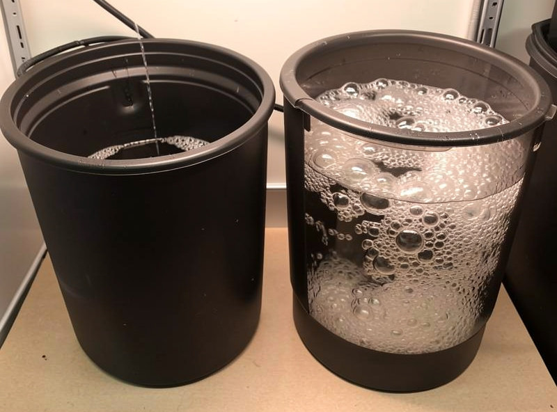 Two DWC buckets side by side, one with a weak thin trickle of bubbles and one with a vigorous rolling boil