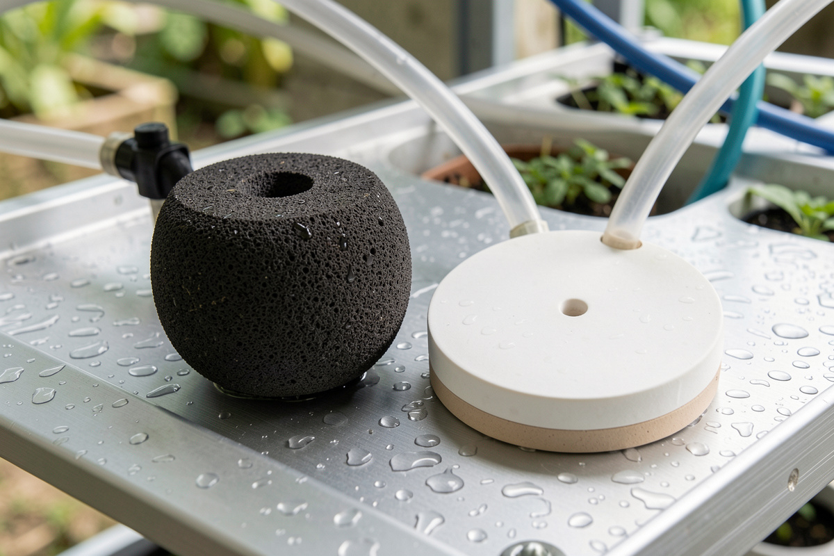 Air stone and disc diffuser side by side for DWC aeration comparison