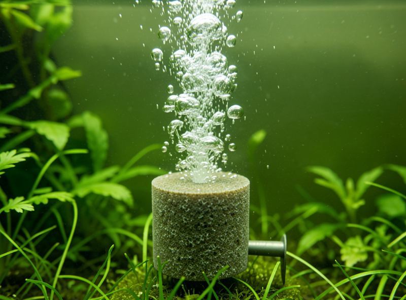 Cylindrical air stone underwater releasing a coarse column of bubbles in green nutrient solution