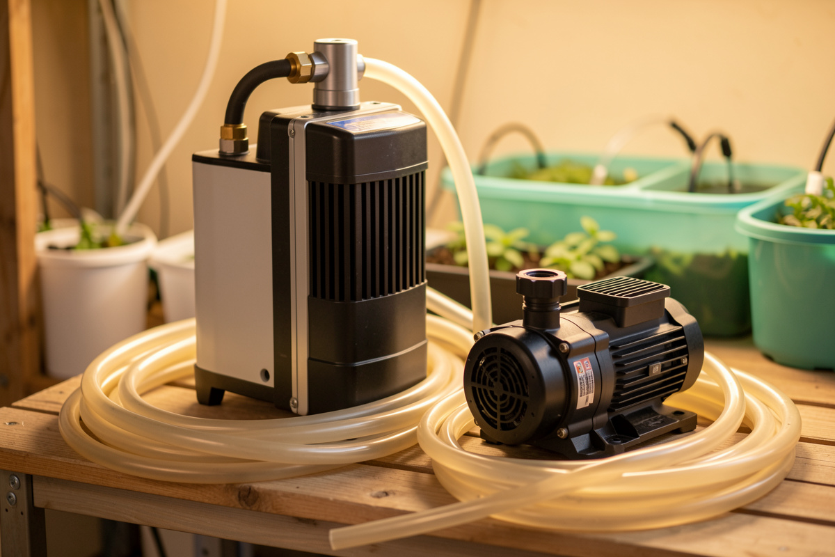 Commercial linear-piston air pump beside an aquarium pump for DWC