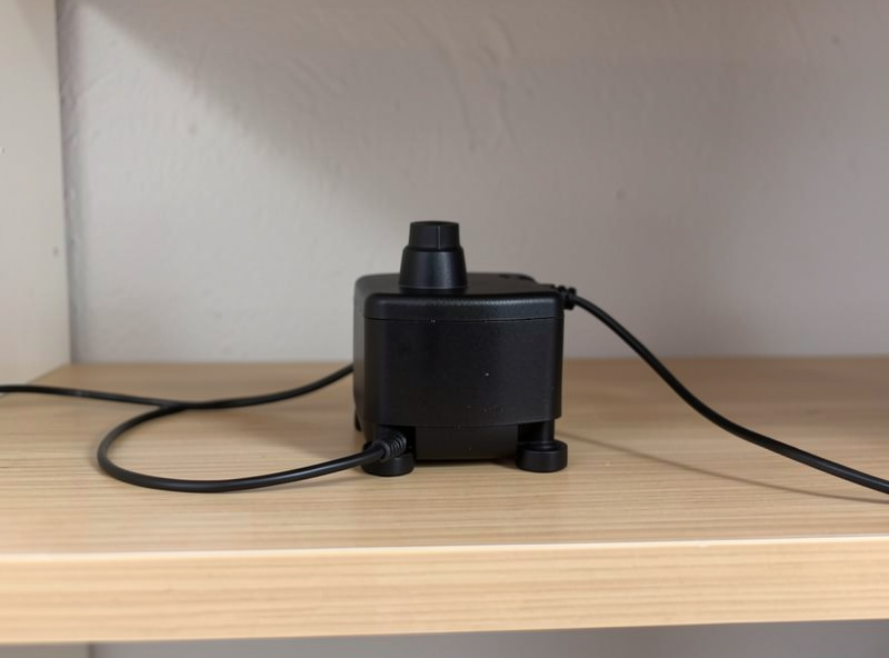 Small black aquarium diaphragm air pump on a shelf with thin tubing