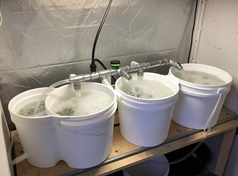 Row of white DWC buckets fed from a single commercial air pump via a manifold with vigorous bubbles