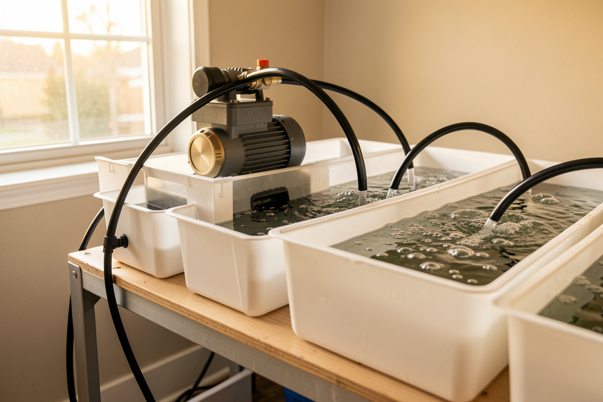 Commercial air pump aerating a row of DWC hydroponic buckets