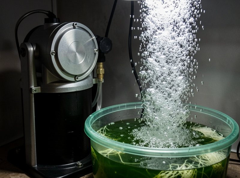Commercial linear air pump feeding a row of DWC buckets through a manifold on a hydroponics bench