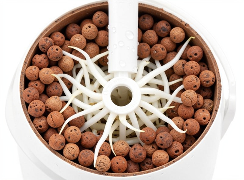 Cross-section of a Dutch bucket showing clay pebbles, healthy white roots and the drip emitter