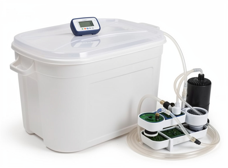 Large opaque nutrient reservoir with an air pump, tubing and an EC meter resting on the lid