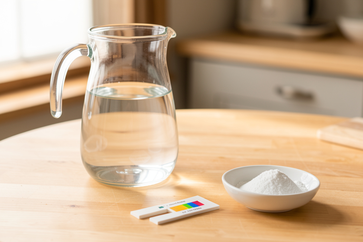 Glass jug of tap water beside a chlorine test strip and a dish of vitamin C powder on a workbench