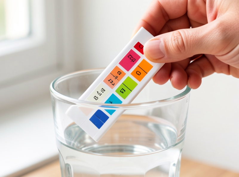 A hand holding a multi-pad chlorine test strip over a glass of fresh tap water, color pads visible but not readable as specific numbers