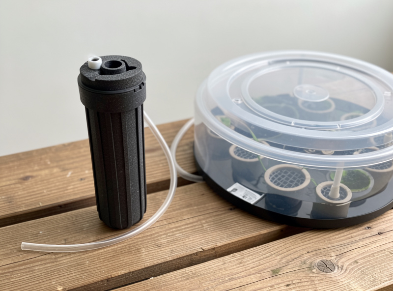 An inline carbon block water filter cartridge with clear tubing resting on a wooden bench beside an opaque hydroponic reservoir lid fitted with net pots
