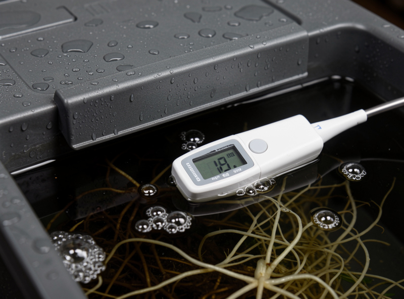 Digital thermometer probe reading in a dark hydroponic reservoir with visible root mass and air-stone bubbles