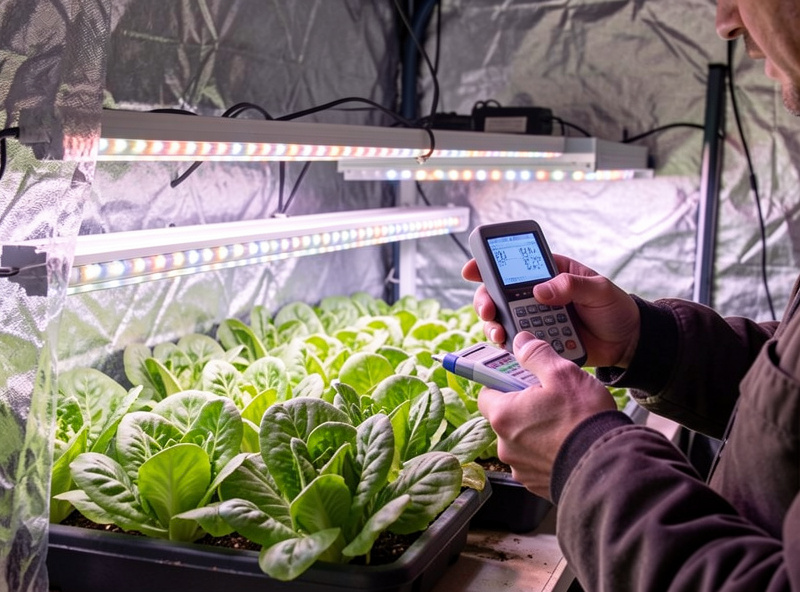 Grower's hands holding an EC pen and a PAR meter over butterhead lettuce under full-spectrum LED bars in a grow tent