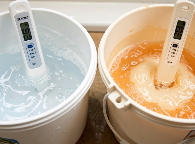 Two buckets of water each with a thermometer, one cold and one warm, being blended for tempering