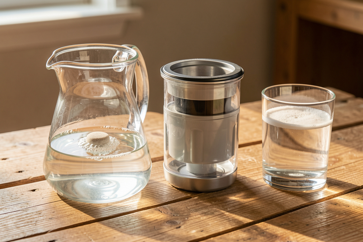 Row of water-filled glass containers with an air stone, filter housing and a vitamin C ring on a workbench