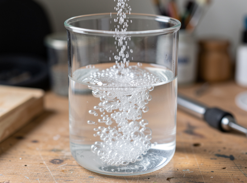 An air stone releasing a fine stream of bubbles inside a clear glass vessel of water on a workbench, soft side light catching individual bubbles