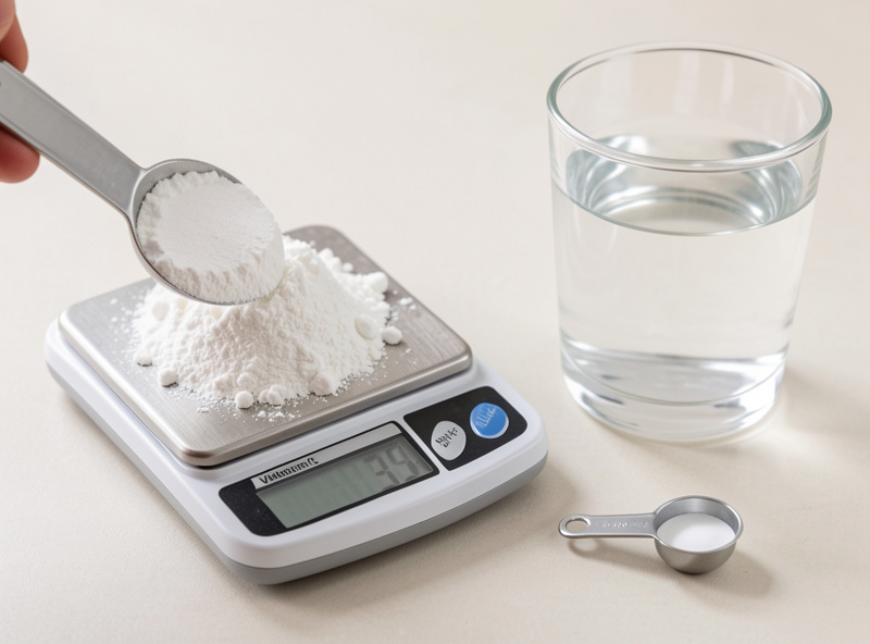 White vitamin C powder being measured onto a small digital scale beside a glass of water and a tiny measuring spoon