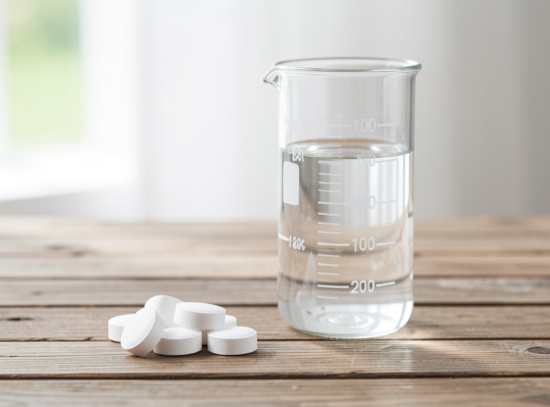 A few plain white effervescent tablets beside a graduated cylinder of water on a wooden bench, soft daylight