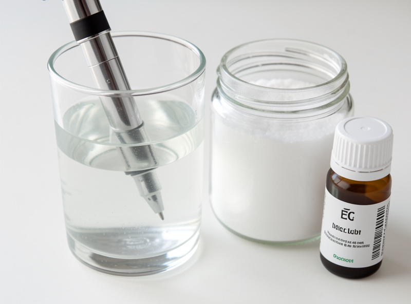 EC pen tip submerged in a glass of slightly cloudy water beside an open jar of white nutrient salts and a small bottle of calibration solution