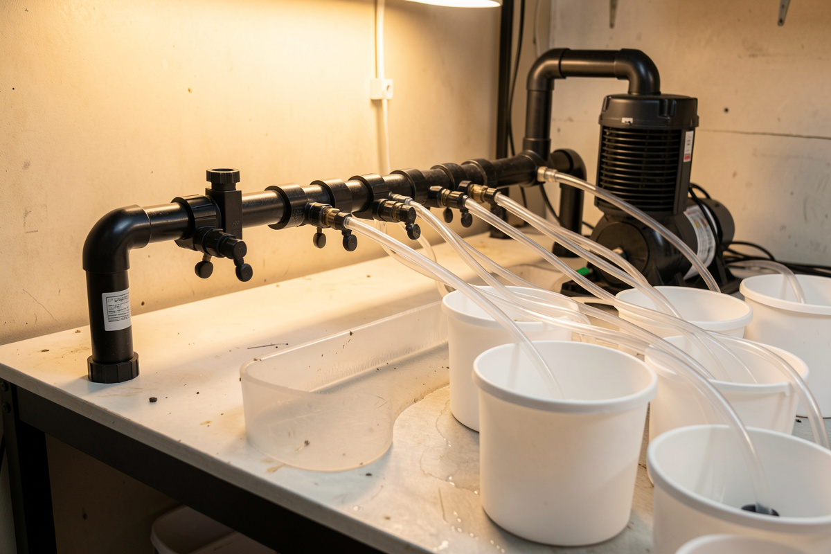 PVC air manifold splitting one air pump across several DWC buckets