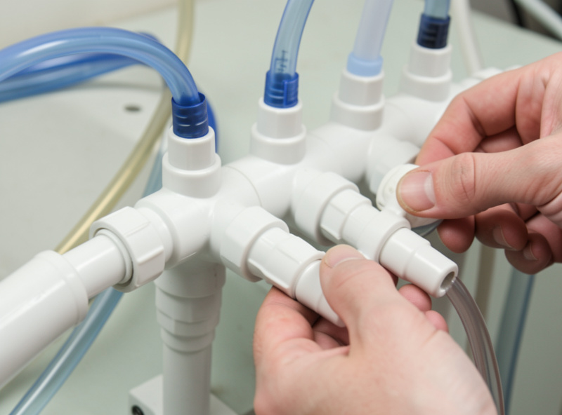 PVC pipe manifold with several barbed outlets and individual ball valves, airline tubing attached