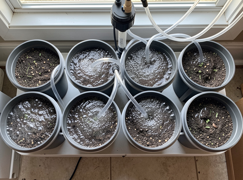 Four DWC buckets in a row each bubbling evenly, clear air tubes tracing back to a single manifold and pump