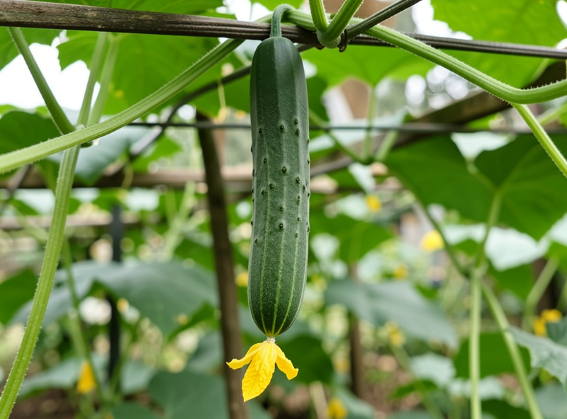Slim ripe cucumber hanging from a trellised vine with a yellow flower still at the tip