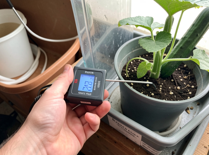 Grower's hand holding an EC meter probe in a nutrient reservoir beside a cucumber Dutch bucket