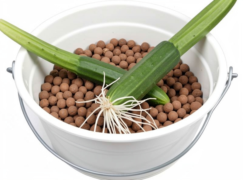Cross-section of a white Dutch bucket with clay pebbles and a thick cucumber stem with white roots