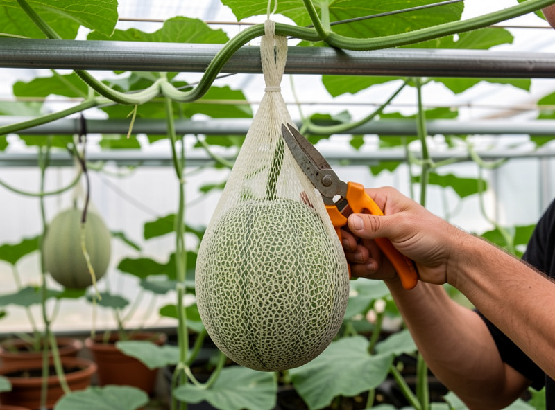 Grower's hands clipping a heavy melon into a soft mesh support sling hung from an overhead trellis bar indoors
