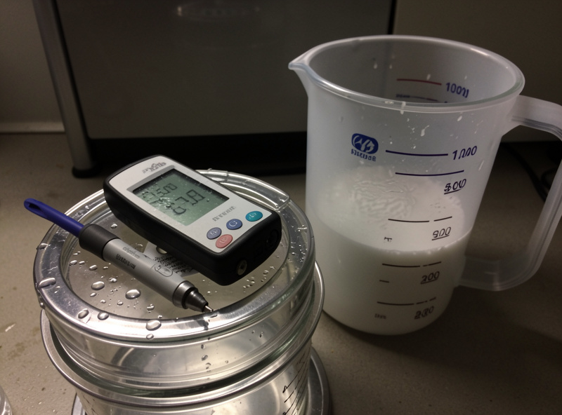 Benchtop EC meter and pH pen resting on a reservoir lid beside a nutrient measuring jug