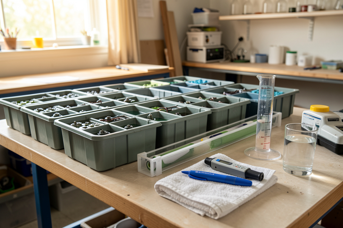 EC pen and pH pen resting beside a graduated cylinder and a glass of source water on a hydroponic reservoir bench