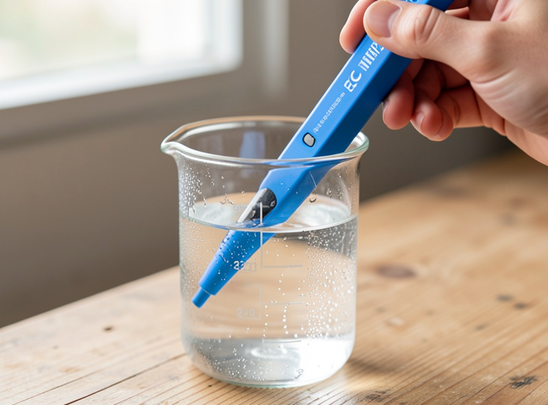 A handheld EC and TDS pen dipped into a clear glass beaker of water on a wooden bench, fine droplets on the glass