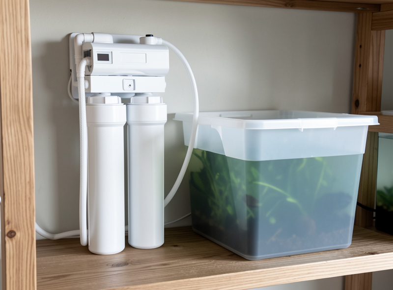 A compact reverse osmosis filtration unit with white tubing and a small pressure tank mounted on a wood shelf beside an opaque hydroponic reservoir tote
