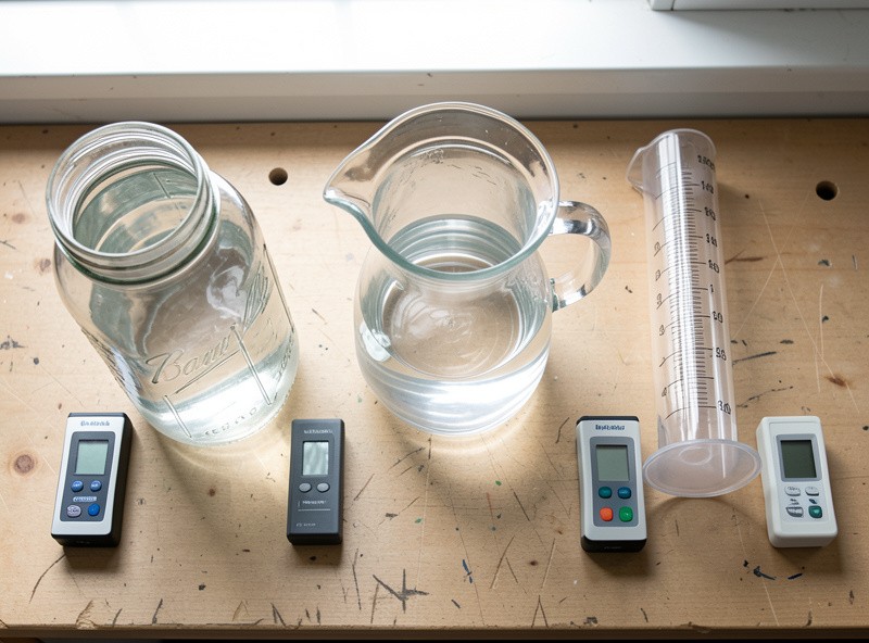Top-down view of three source water samples side by side on a workbench: a mason jar of tap water, a pitcher of filtered water, and a graduated cylinder, each with a small digital meter beside it