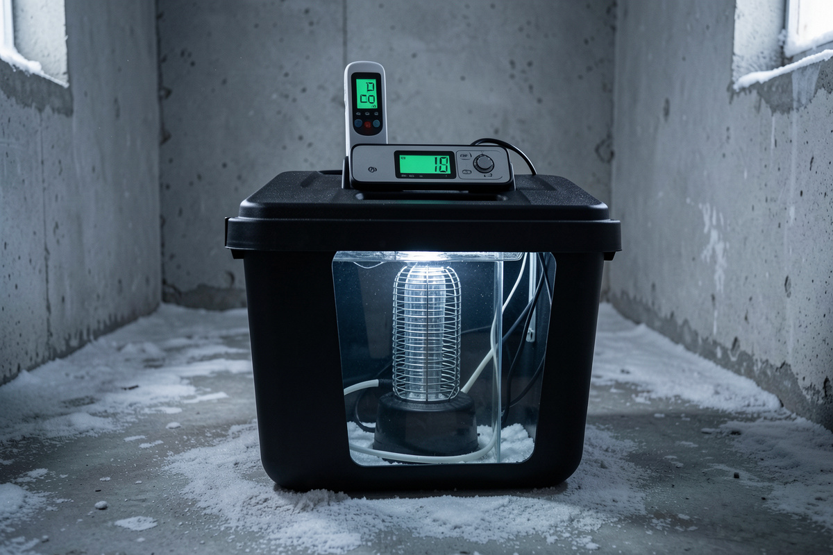 Black hydroponic reservoir tote in a cold room with a submersible aquarium heater and a thermometer reading on the lid